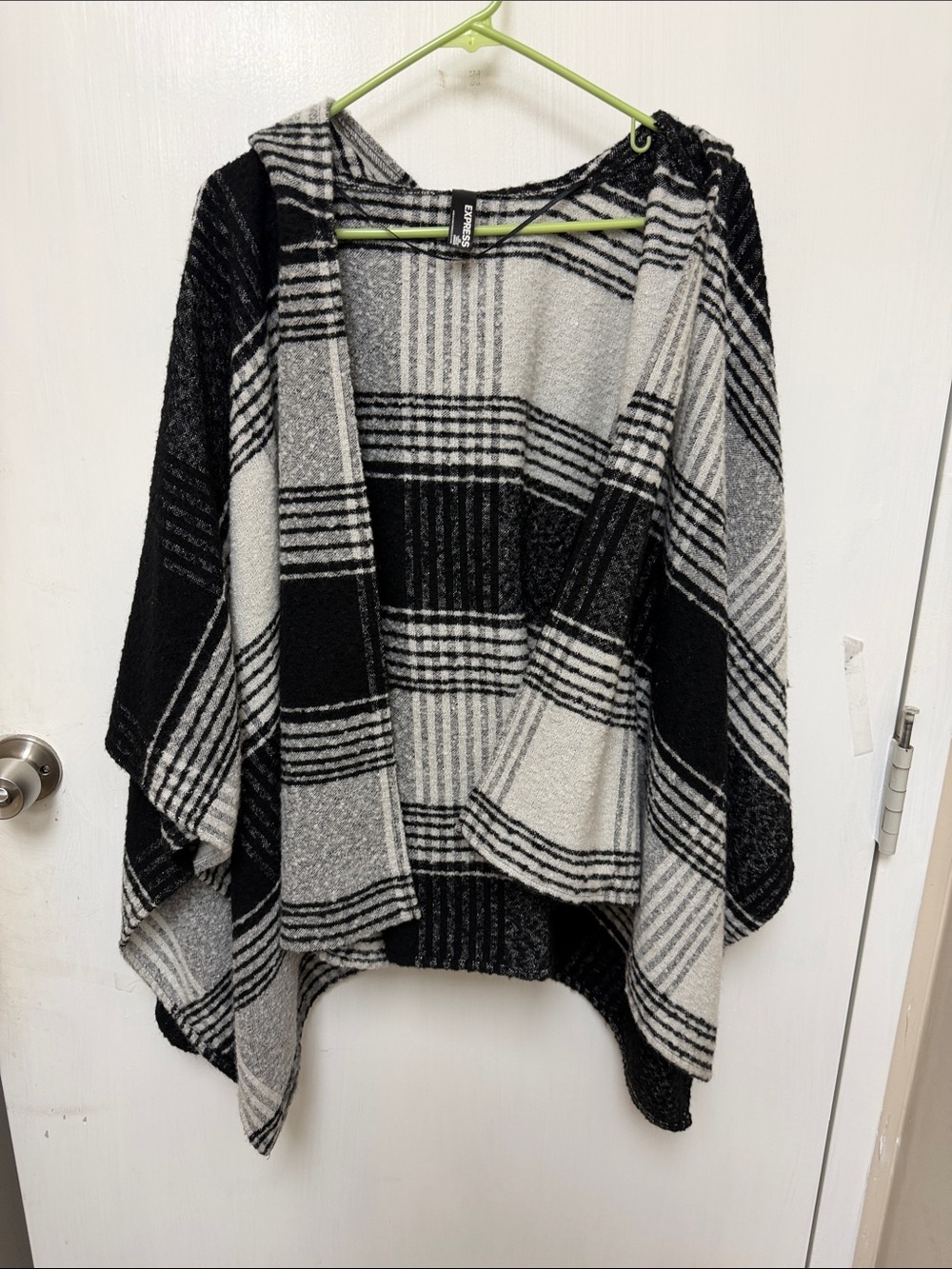 Express Black & Gray Plaid Hooded Open-Front Poncho Sweater